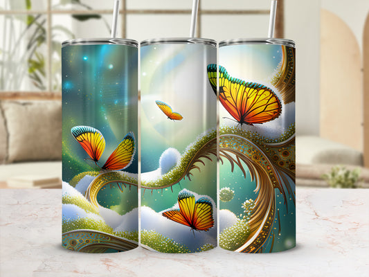 Three tumblers with colorful butterflies, clouds, and ornate golden branches.