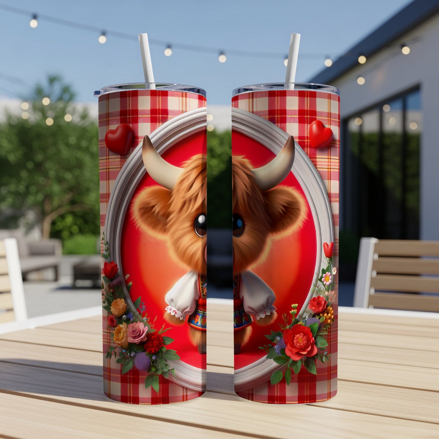 Two tumblers with a cute cow design and floral accents.