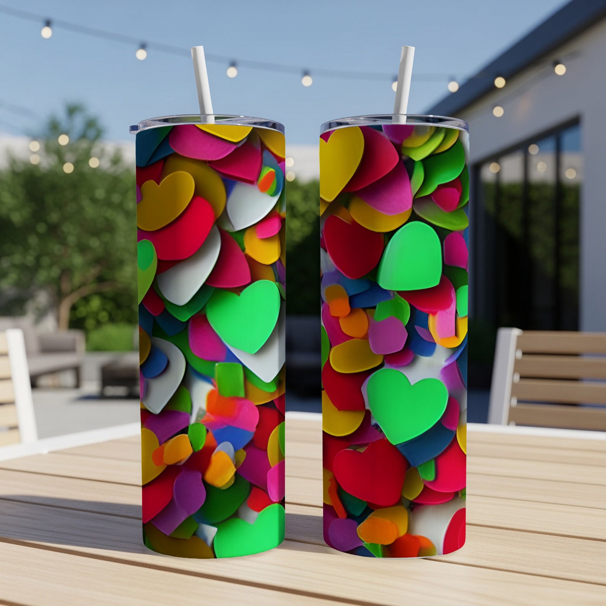Two colorful heart patterns on tumblers with straws.