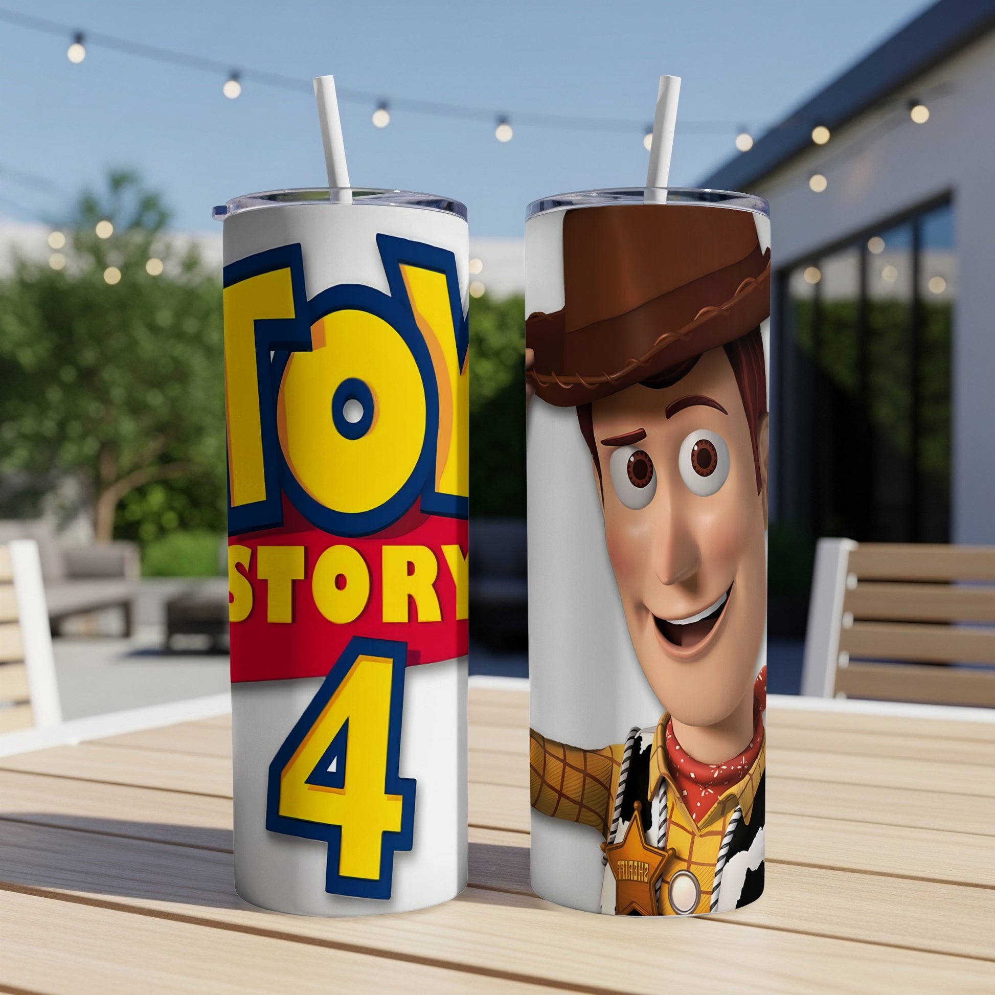 Woody from Toy Story on tumbler next to tumbler with Toy Story 4 logo.