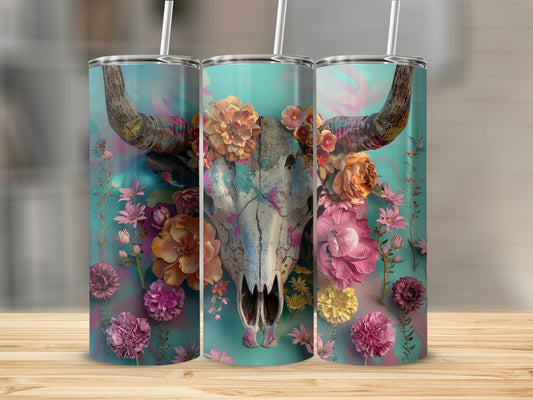 Skull with colorful flowers and horns on three tumblers.