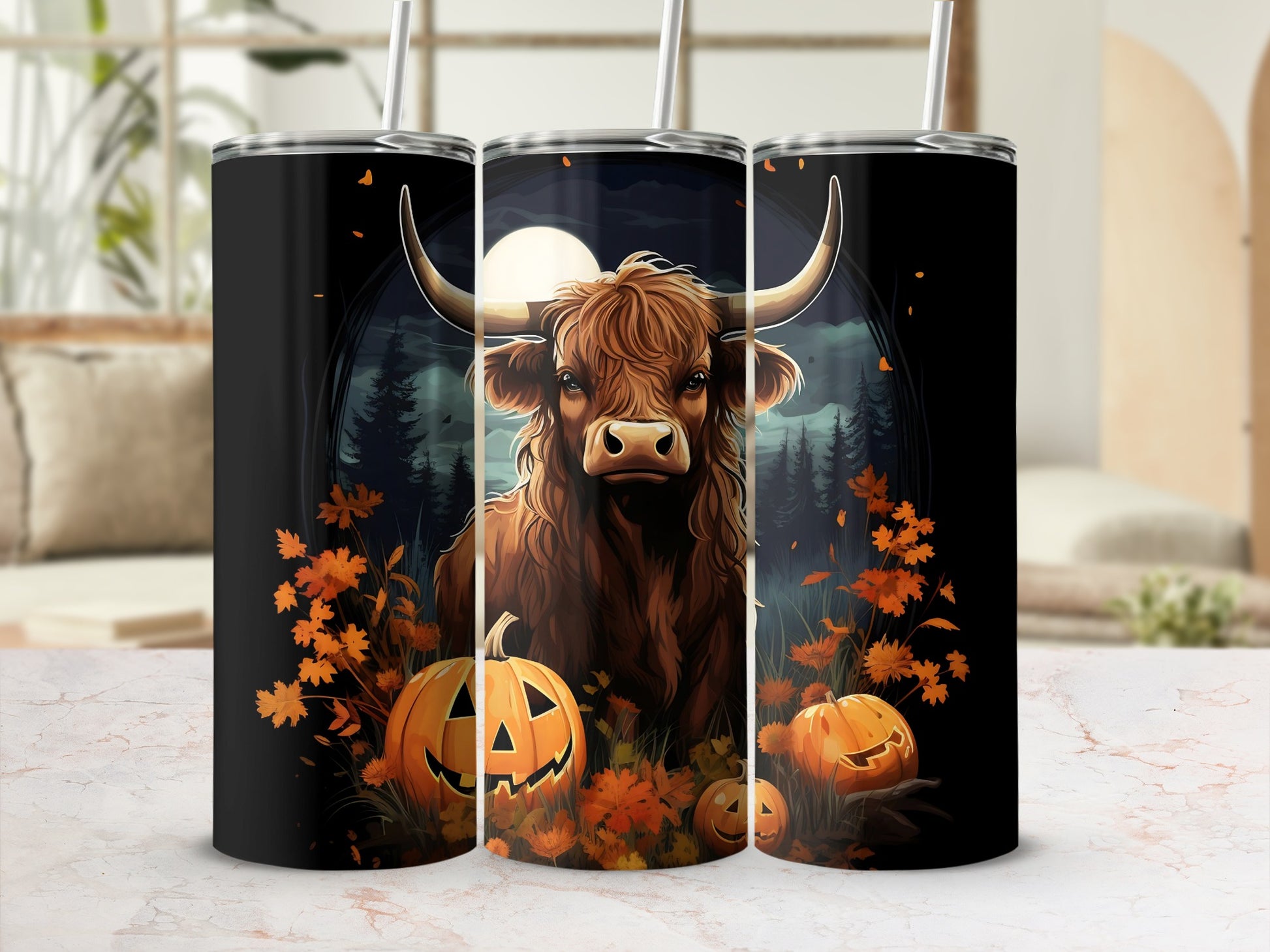 Highland Cow with Pumpkins Halloween Tumbler