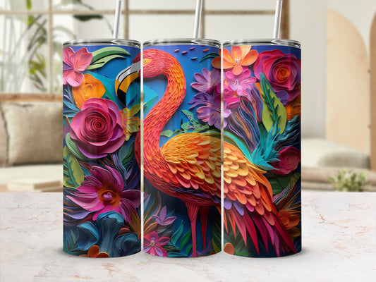 Flamingo and vibrant floral designs on three cylindrical tumblers with straws.