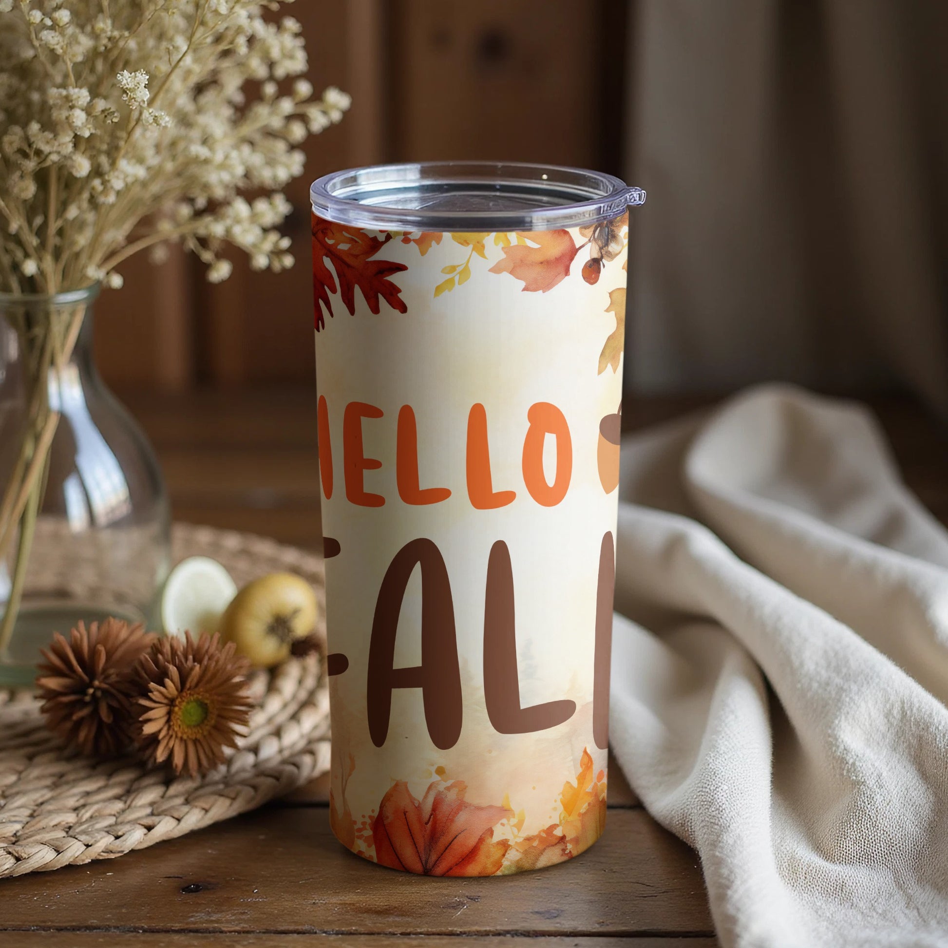 Hello Fall Autumn Leaves Tumbler for Seasonal Drinks