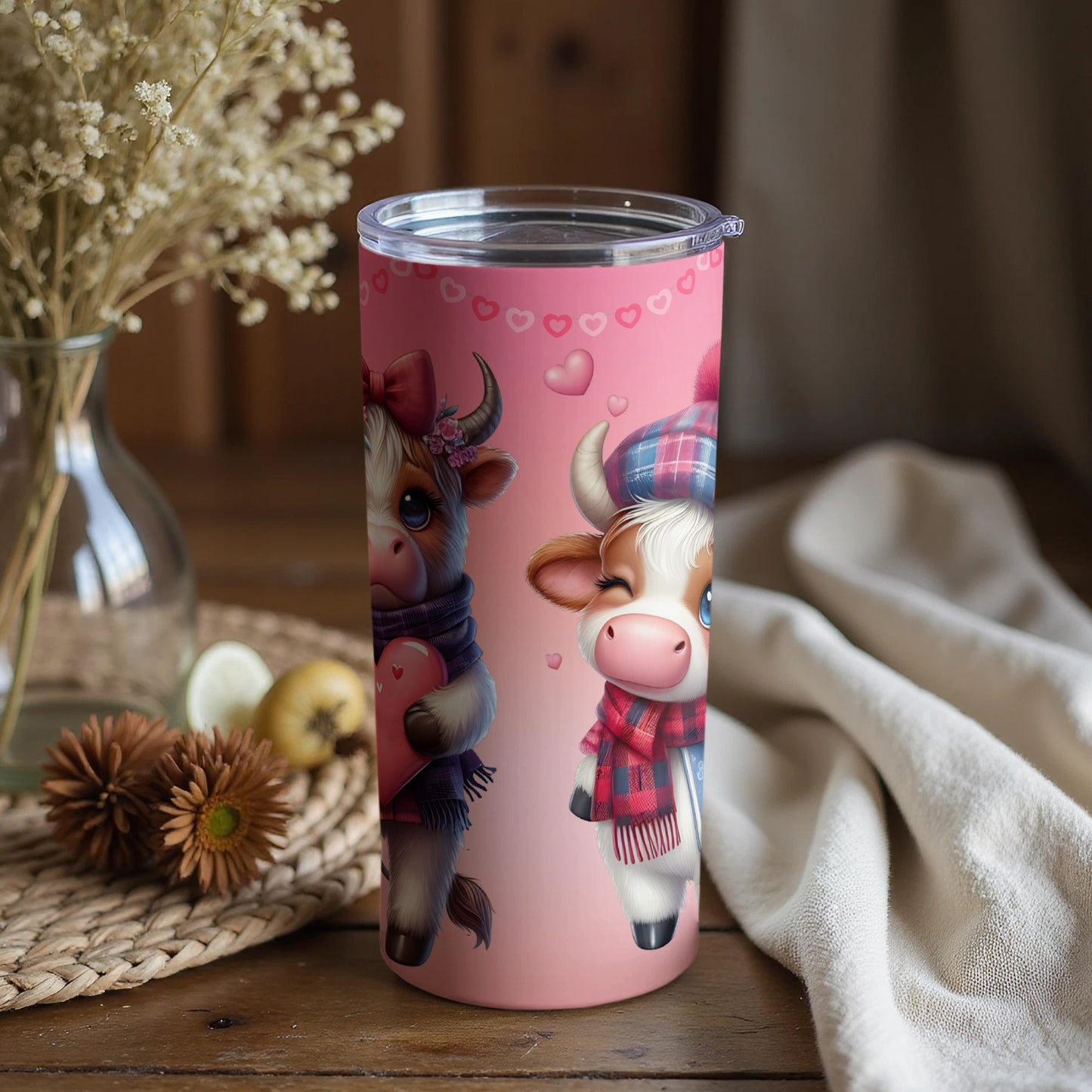 Cute Cartoon Cows with Hearts and Flowers Tumbler