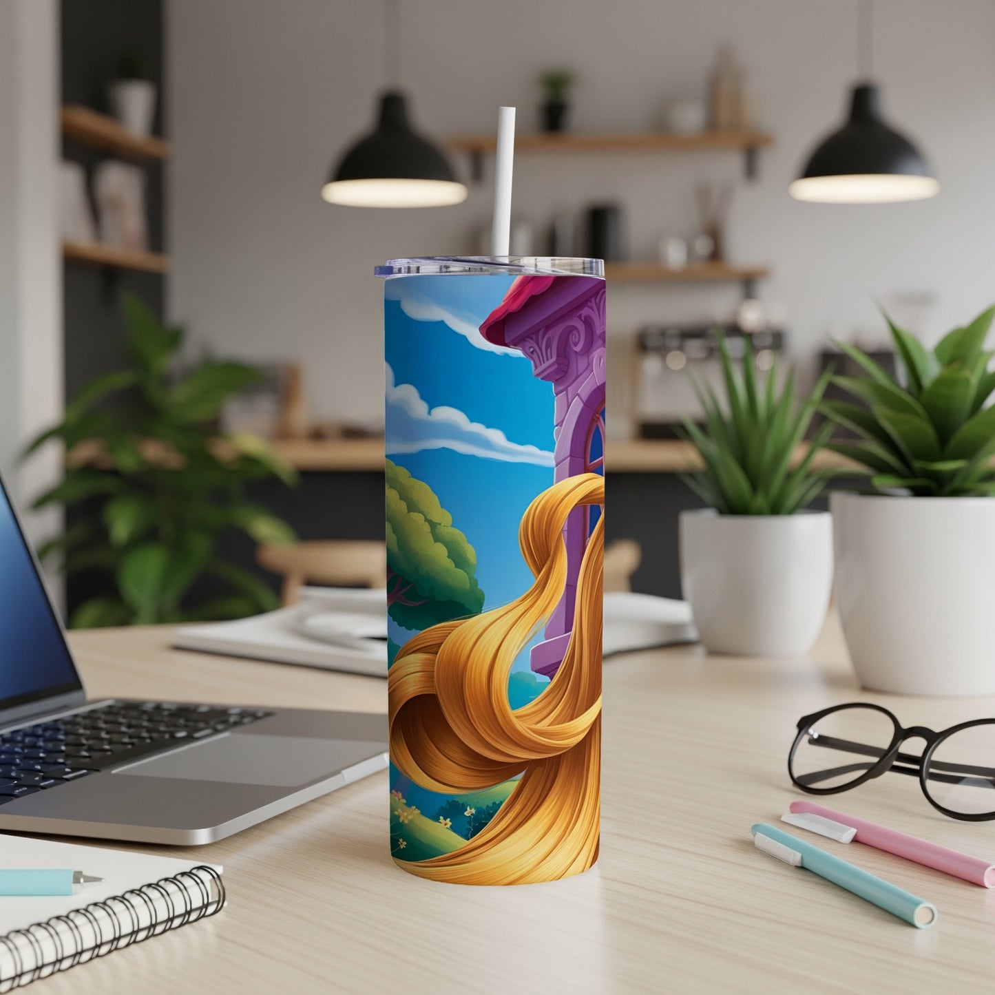 Tangled-themed tumbler with Rapunzel's hair spilling from a tower.