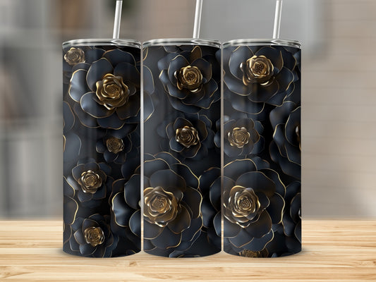 Three tumblers with a black and gold floral pattern and white straws.
