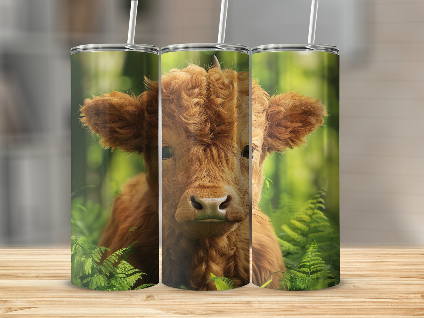 Fluffy Highland cow calf in green ferns on a tumbler.