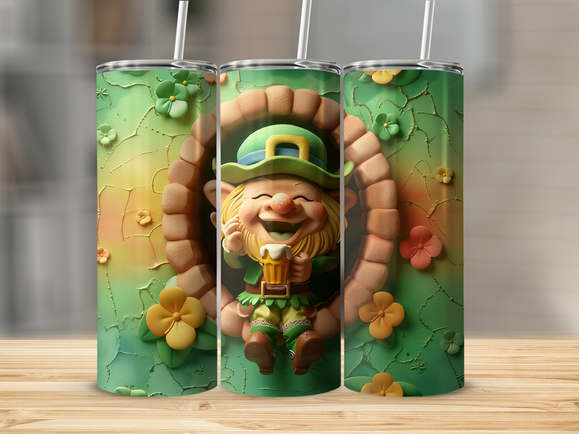 Leprechaun in archway holding beer, surrounded by flowers and green background.