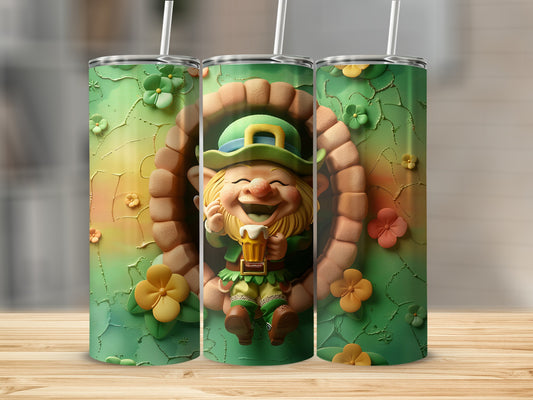 Leprechaun in archway holding beer, surrounded by flowers and green background.