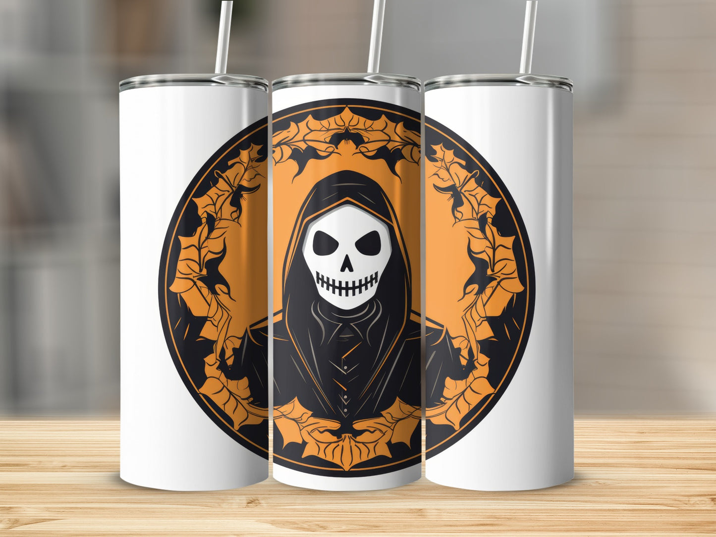 White tumblers with a grim reaper design in an orange and black circular frame.