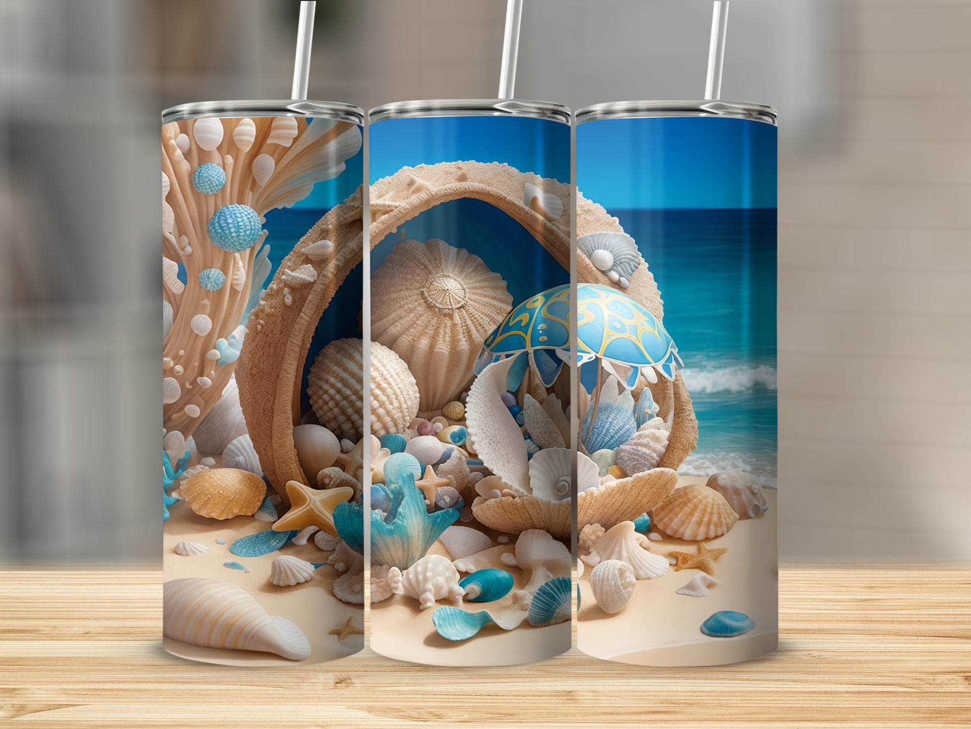 Beach-themed tumblers with seashells and ocean water.