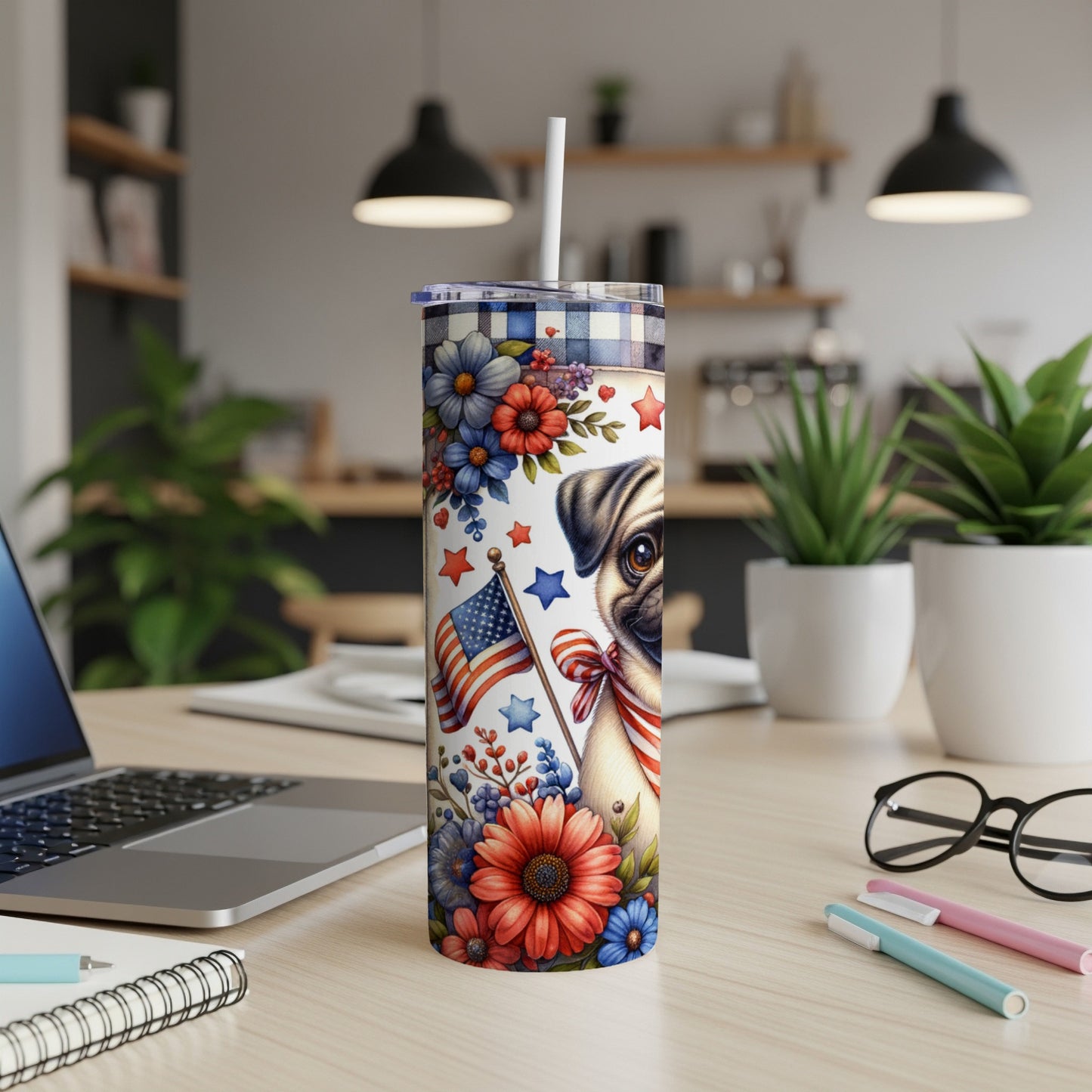 White tumbler with pug, American flag, and floral design.