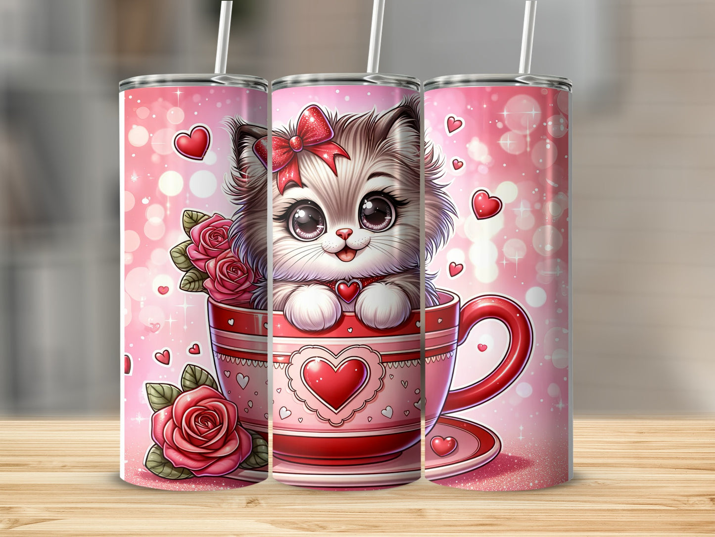 Cute cat with red bow in a teacup with roses and hearts.