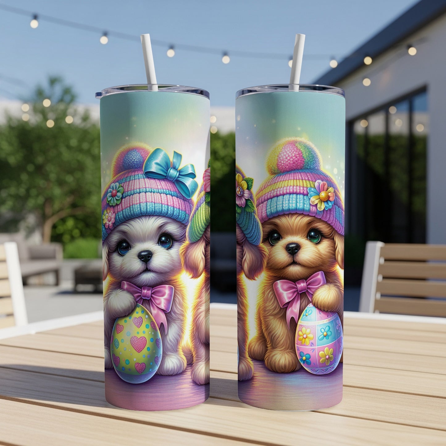 Two puppies in hats holding decorated Easter eggs on a table.