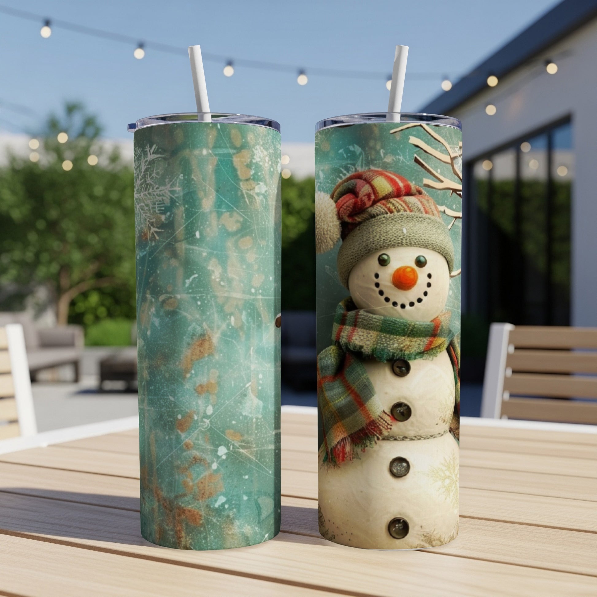 Snowman with scarf and hat on turquoise textured background.