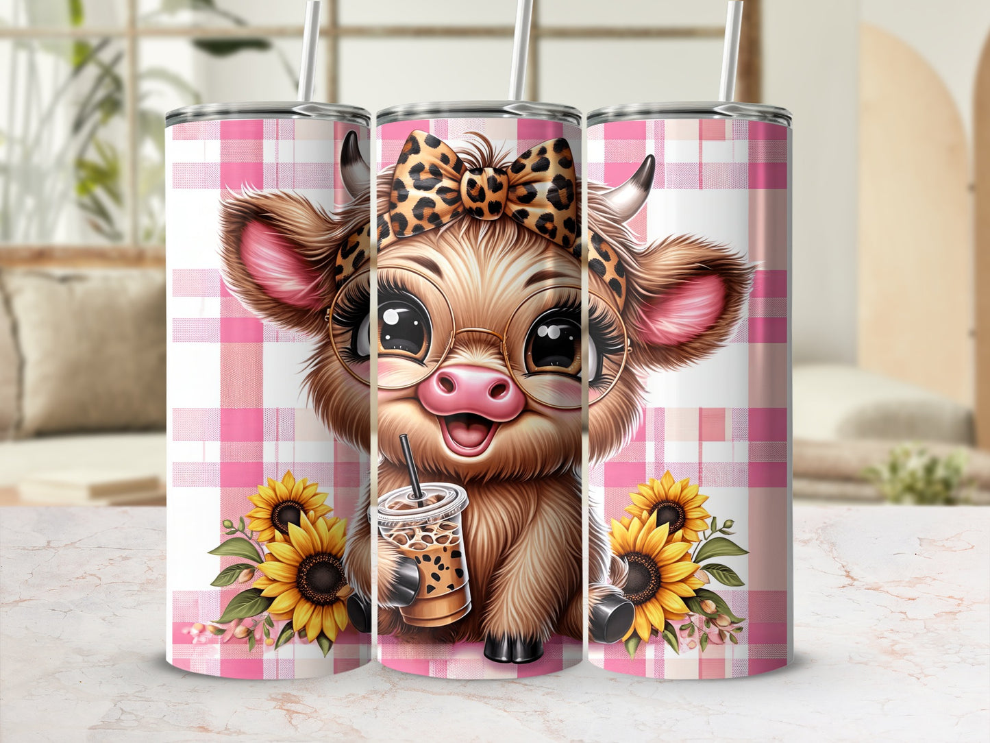 Cute cow with sunflowers and leopard print bow holding a drink.