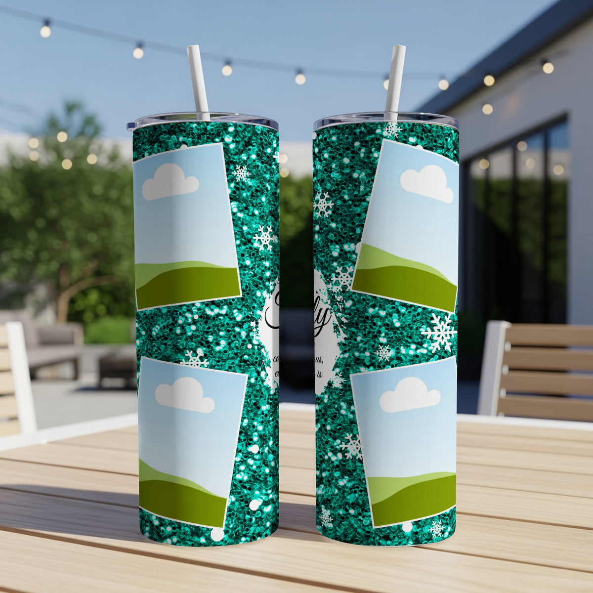 Two tumblers with teal glitter, snowflakes, and photo placeholders.