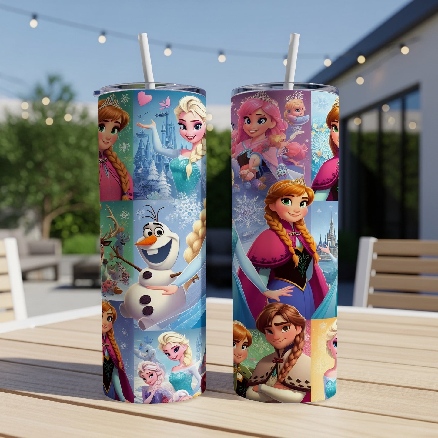 Frozen characters Elsa, Anna, and Olaf on a double-sided tumbler.