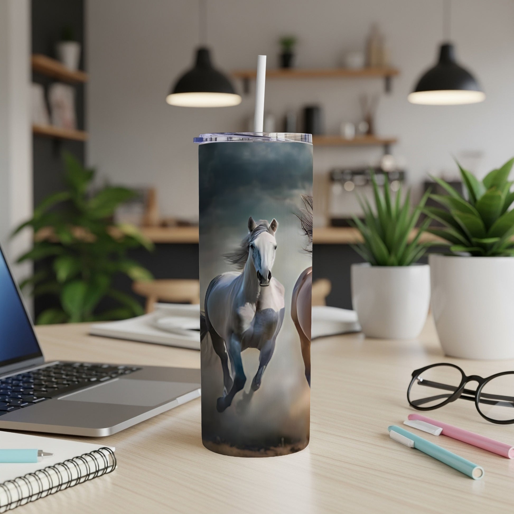 White horse running with blurred background on a tumbler.