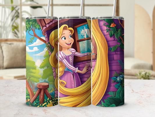 Rapunzel with long blonde hair peeking from tower window, colorful forest background.