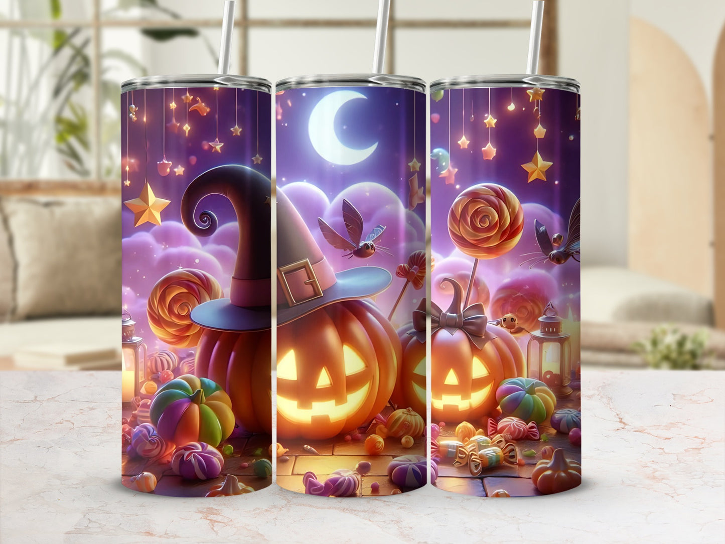 Halloween tumblers with jack-o'-lanterns, candy, stars, and a moon.