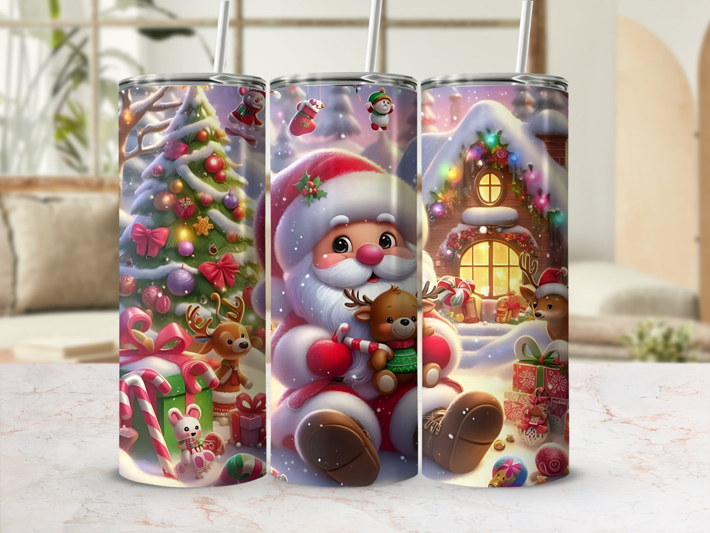 Festive Christmas Santa Claus and Reindeer Tumbler Set