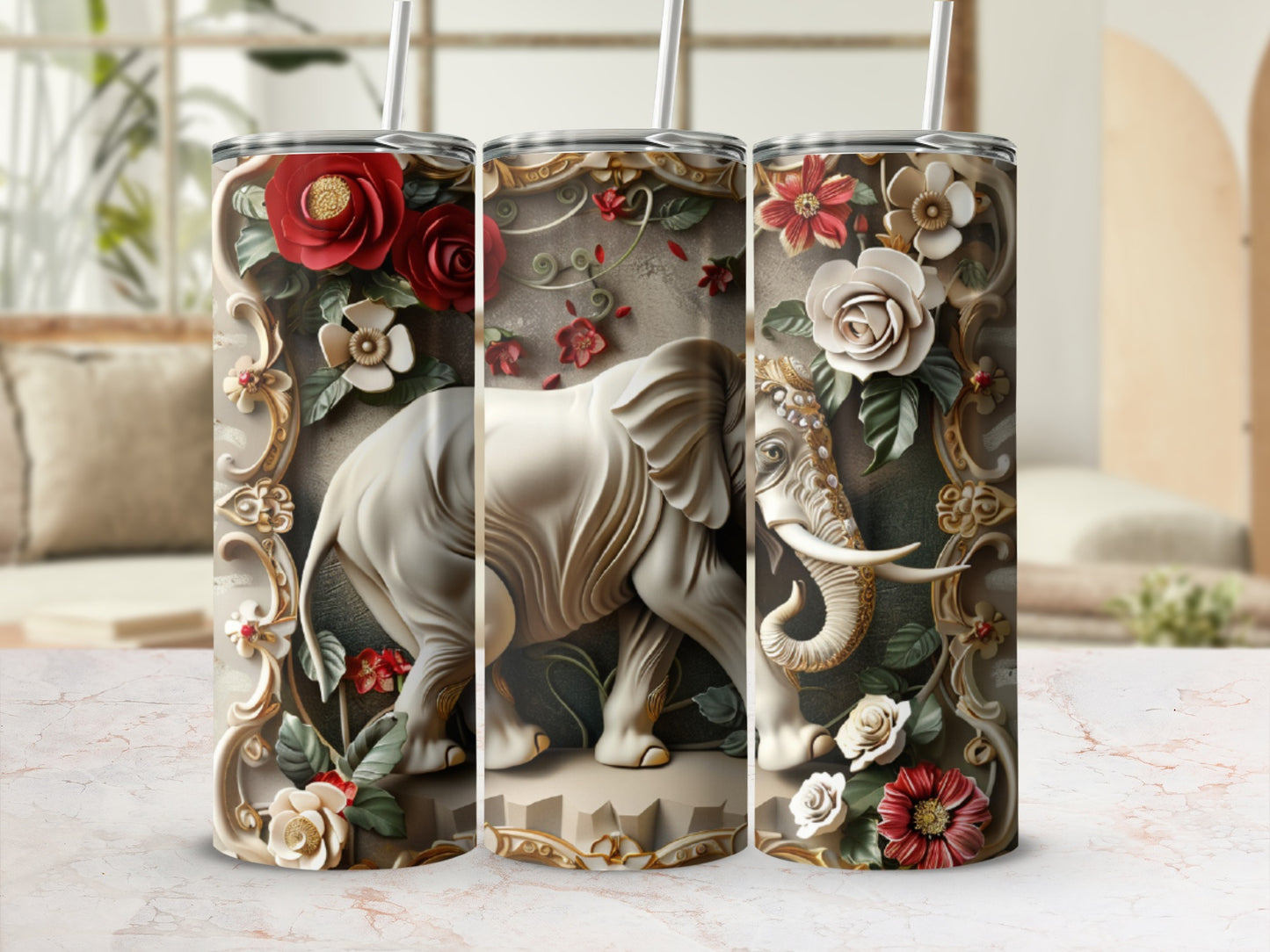 White elephant with ornate floral frame and textured background.