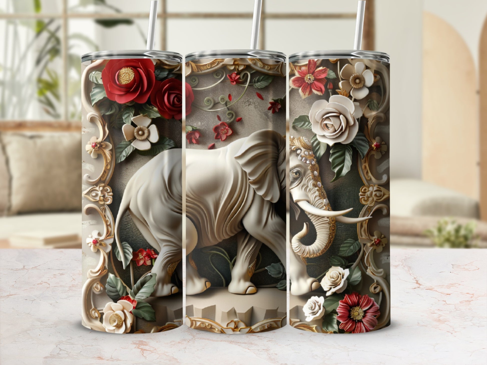 White elephant with ornate floral frame and textured background.