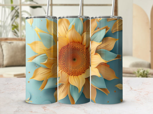 Three tumblers with a large sunflower design on a light blue background.