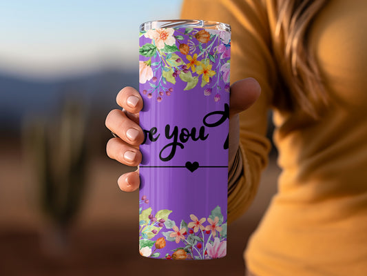 Purple Floral Love You Design Travel Tumbler