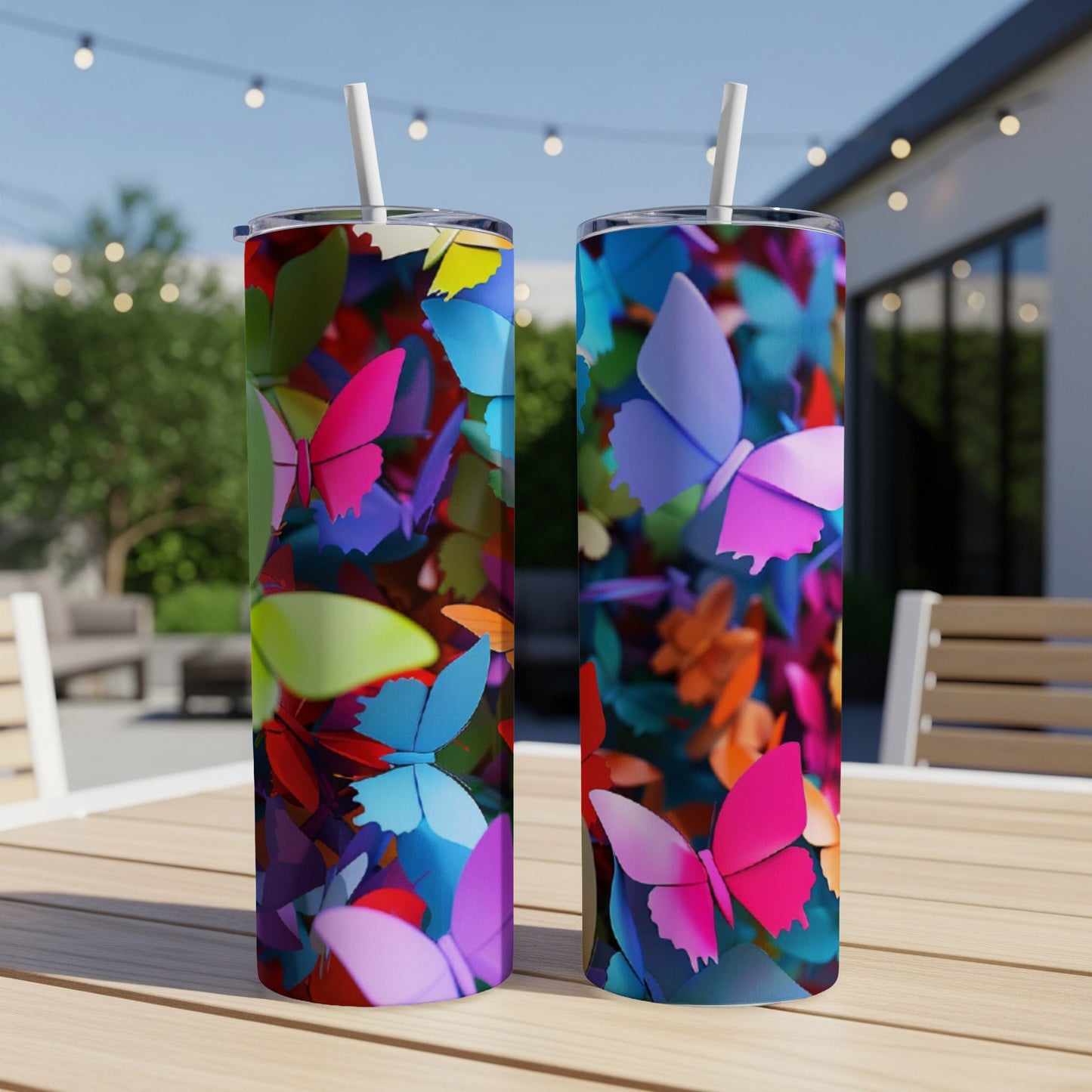 Two tall tumblers with colorful butterfly designs on a table.