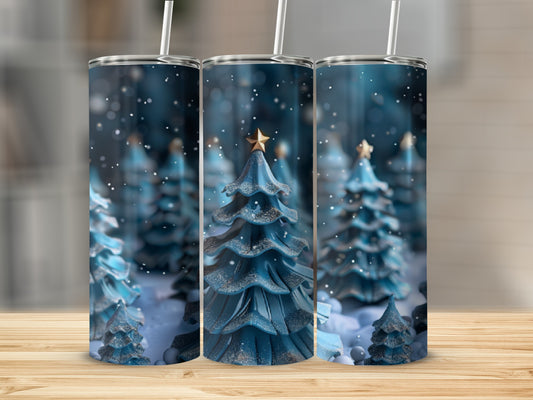 Three blue Christmas trees with gold stars on a snowy background.