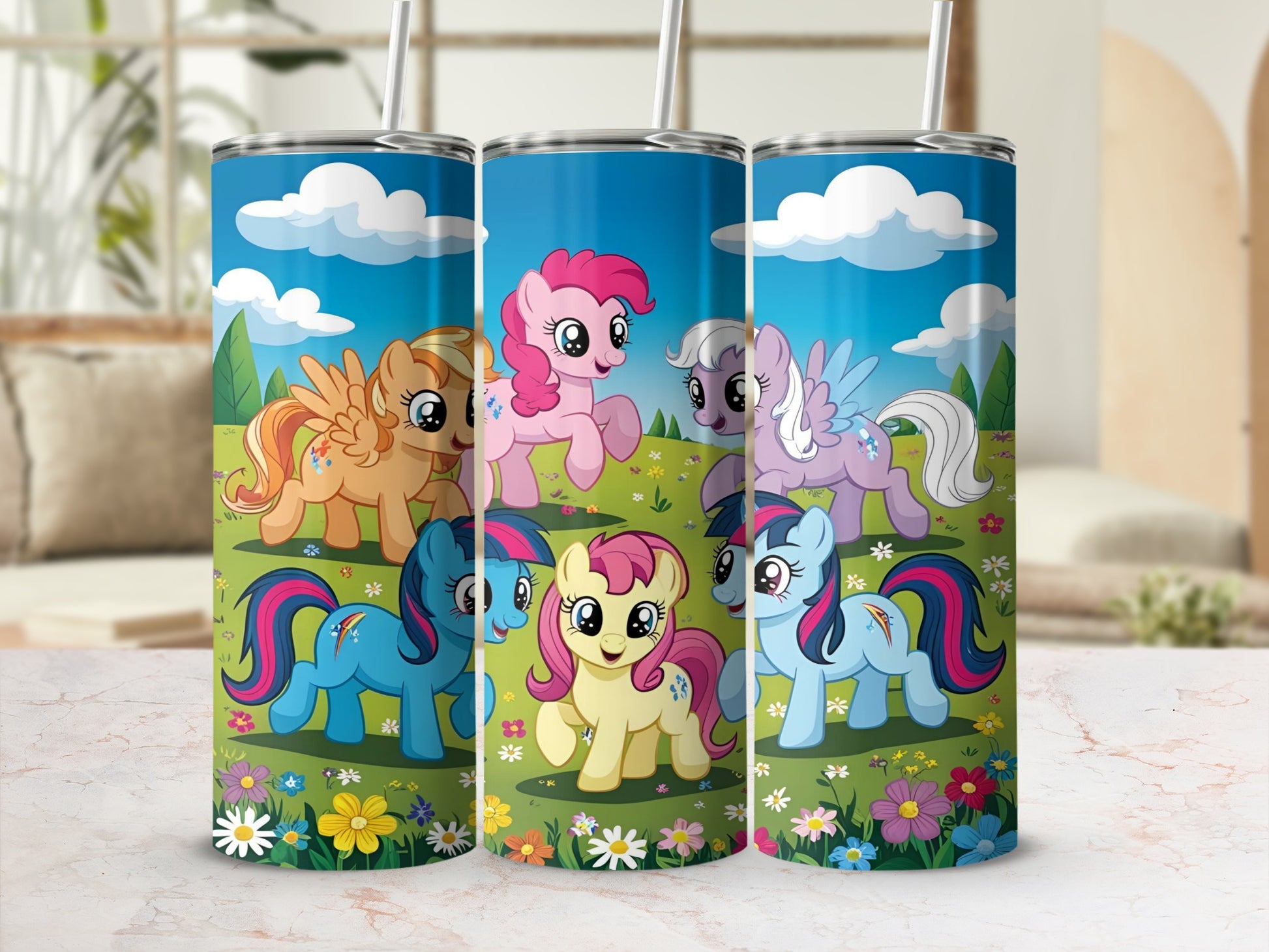 My Little Pony characters on a blue tumbler with clouds, grass, and flowers.
