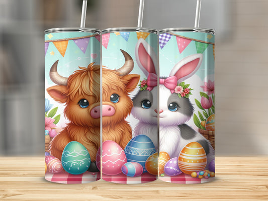 Highland cow and bunny with Easter eggs and banners on tumblers.