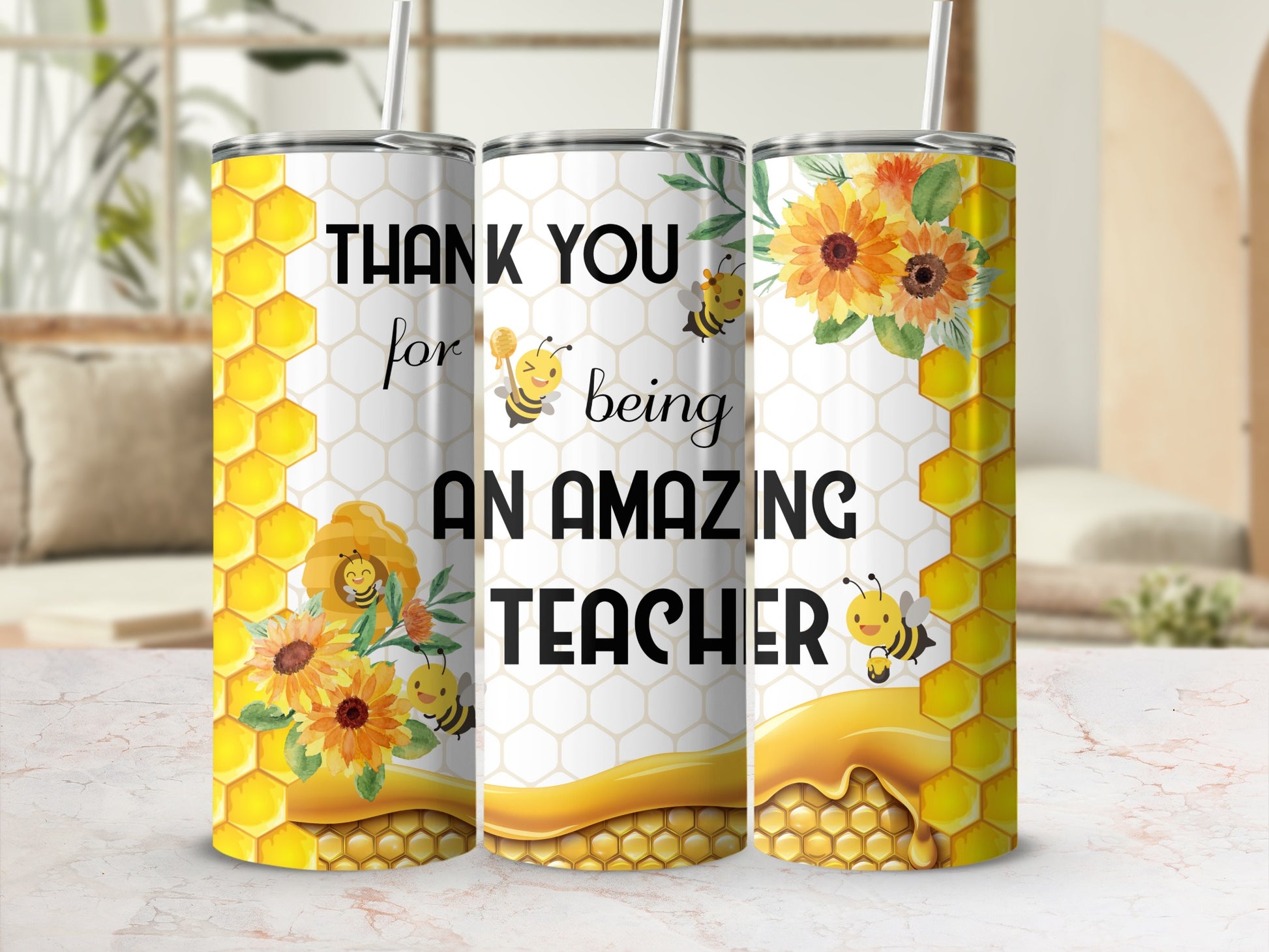 Tumbler with bees, sunflowers, and text "Thank You For Being An Amazing Teacher".