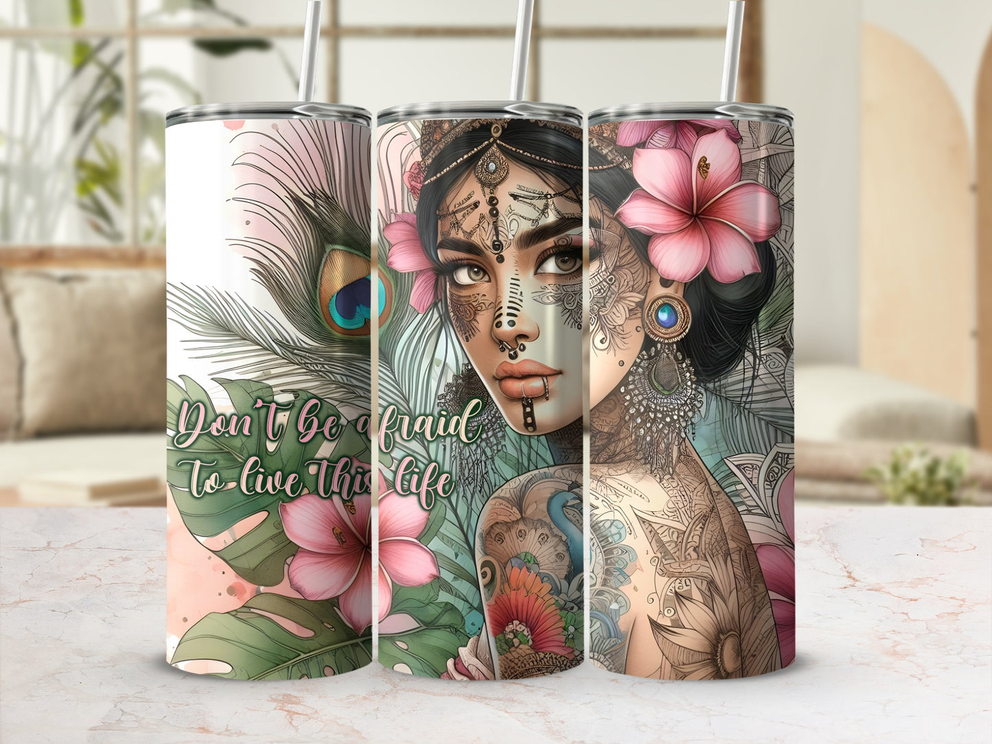 Bohemian woman with tattoos and flowers on tumbler with inspirational quote.