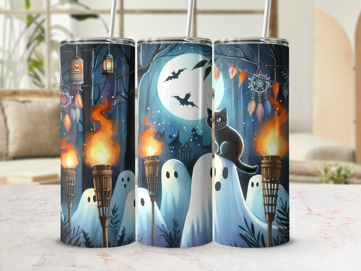 Halloween-themed tumblers featuring ghosts, a black cat, torches, bats, and moon.
