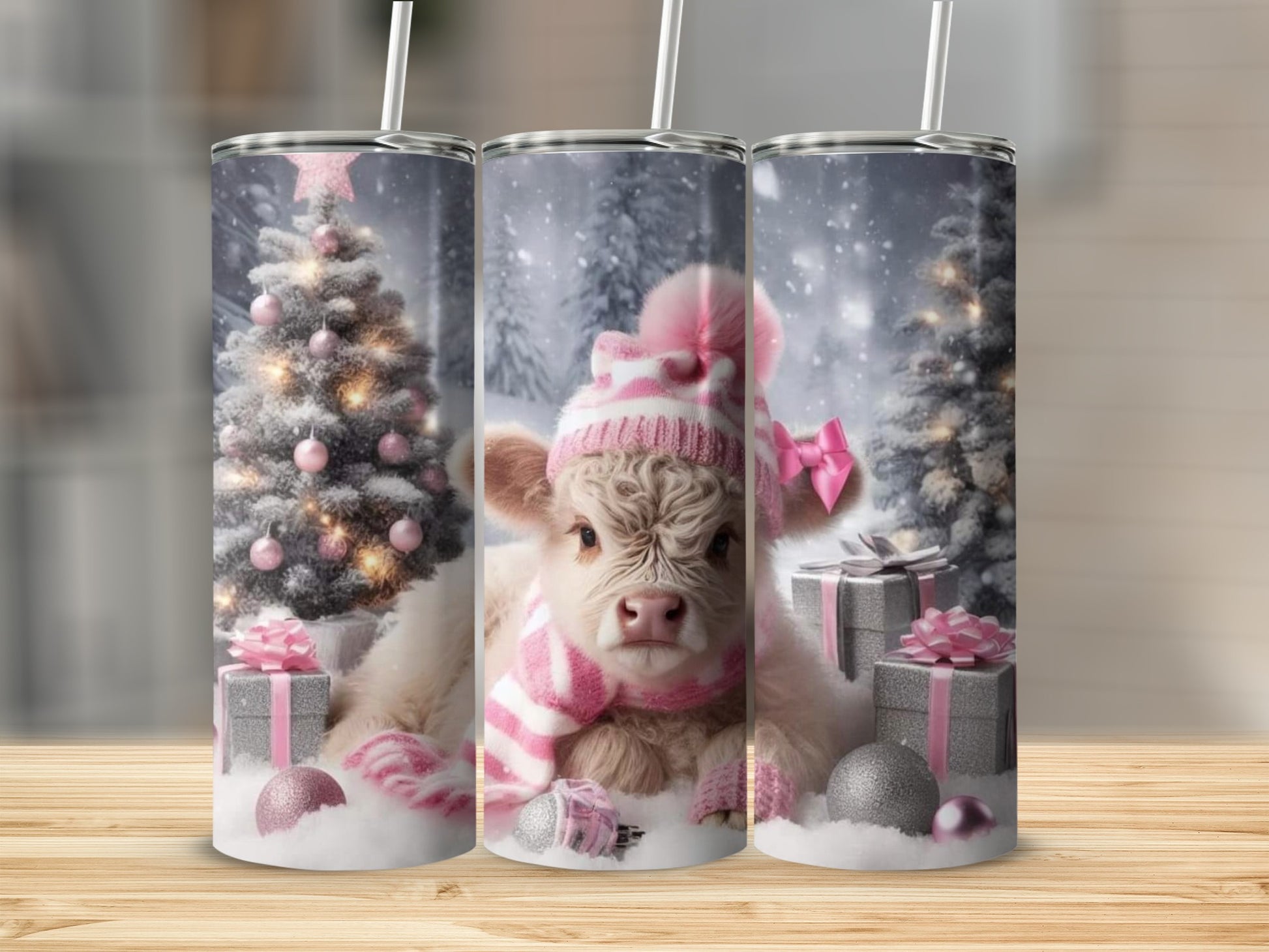 Cute Pink Cow Christmas Tree Tumblers with Gifts