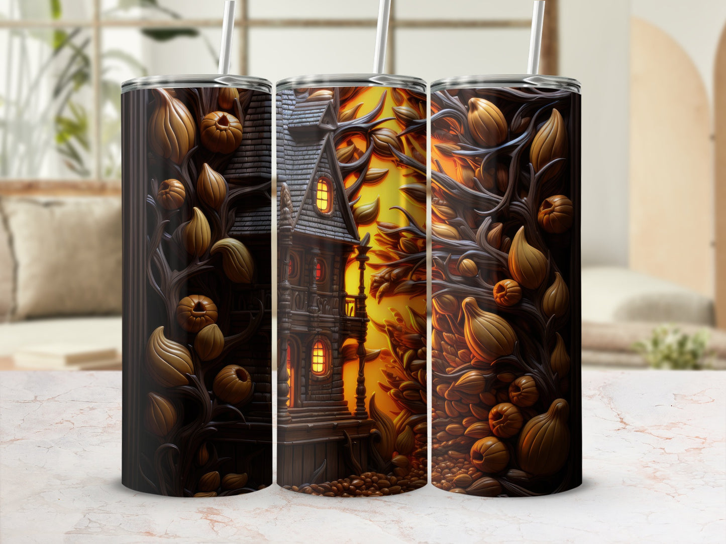 Three tumblers featuring a dark Halloween scene with a haunted house, pumpkins, and ornate branches.
