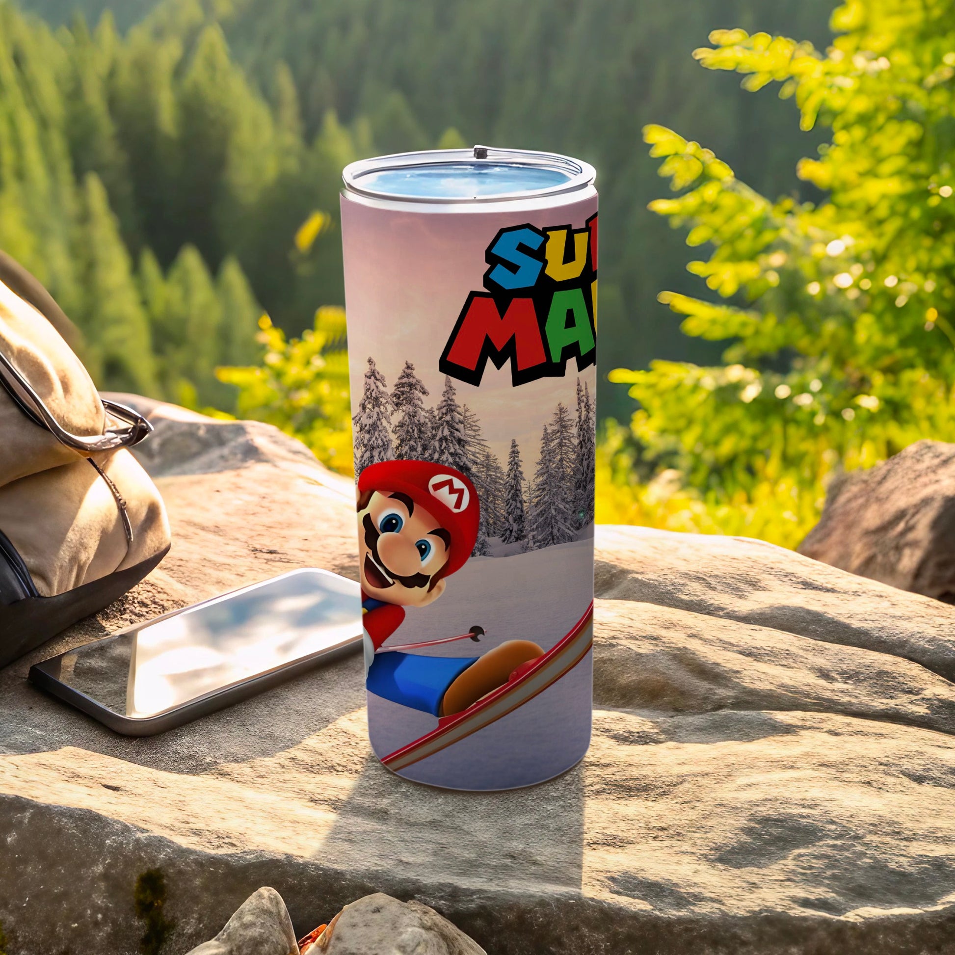 Super Mario Travel Tumbler with Winter Skiing Scene