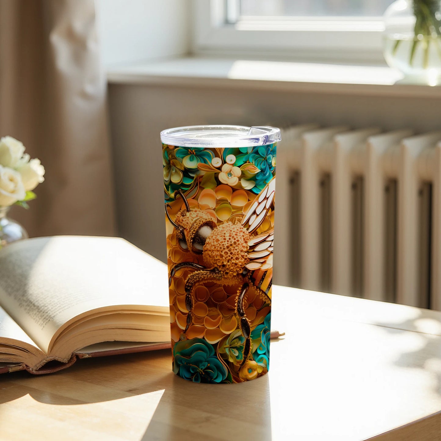 Majestic Honeycomb Bee Teal Gold Art Tumbler product type
Bee
Honeycomb
Floral design
Tumbler
Drinkware
Abstract art
Quilling style
Teal pattern
Gold accents
Insect art
Nature theme
Vibrant colors
Unique gift
Artistic bee
Summer drink
Bee lover
Decorative cup
Honeybee print
Creative pattern
Travel cup