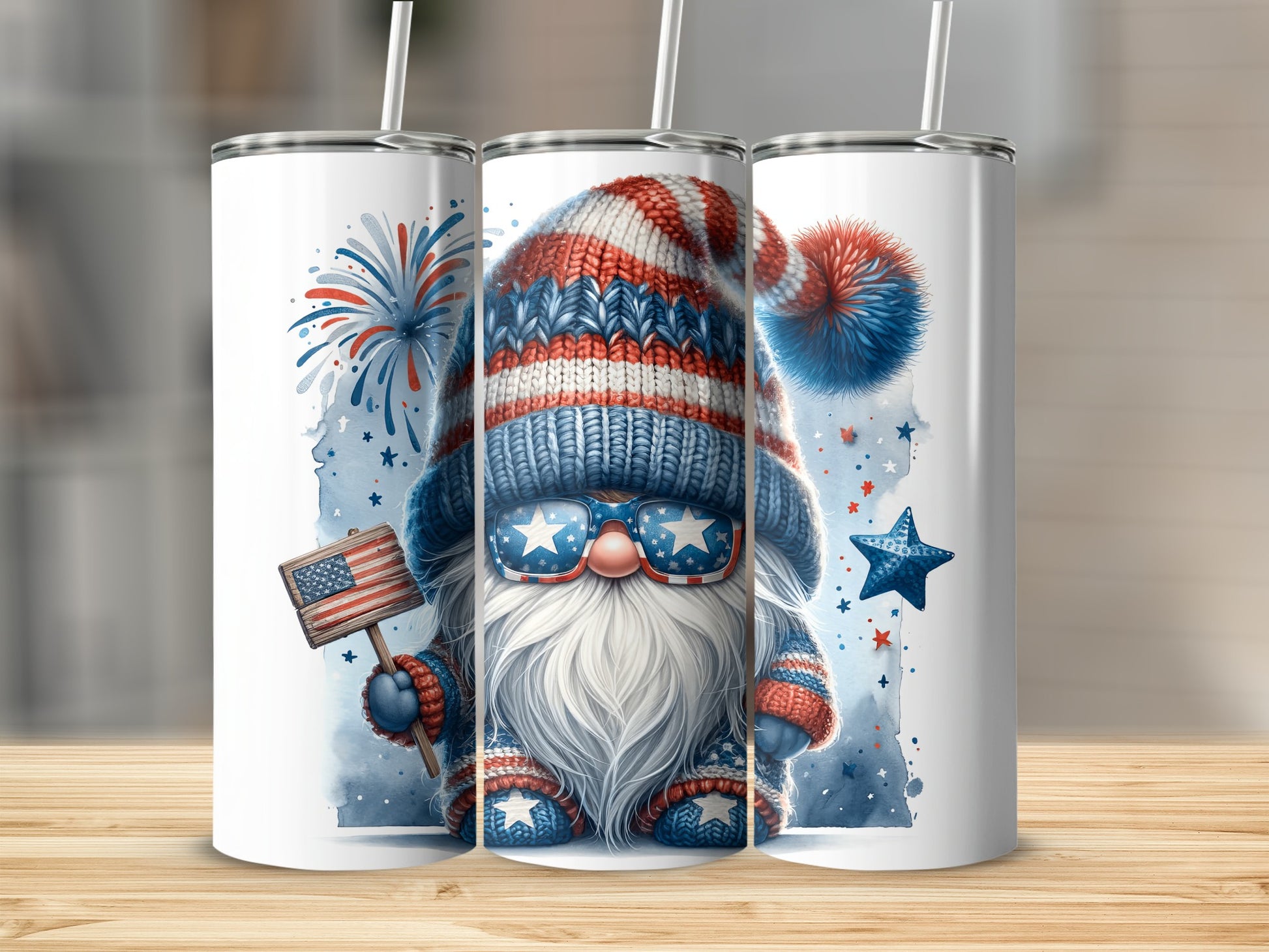 Gnome in patriotic hat and glasses holding American flag, with fireworks and stars.