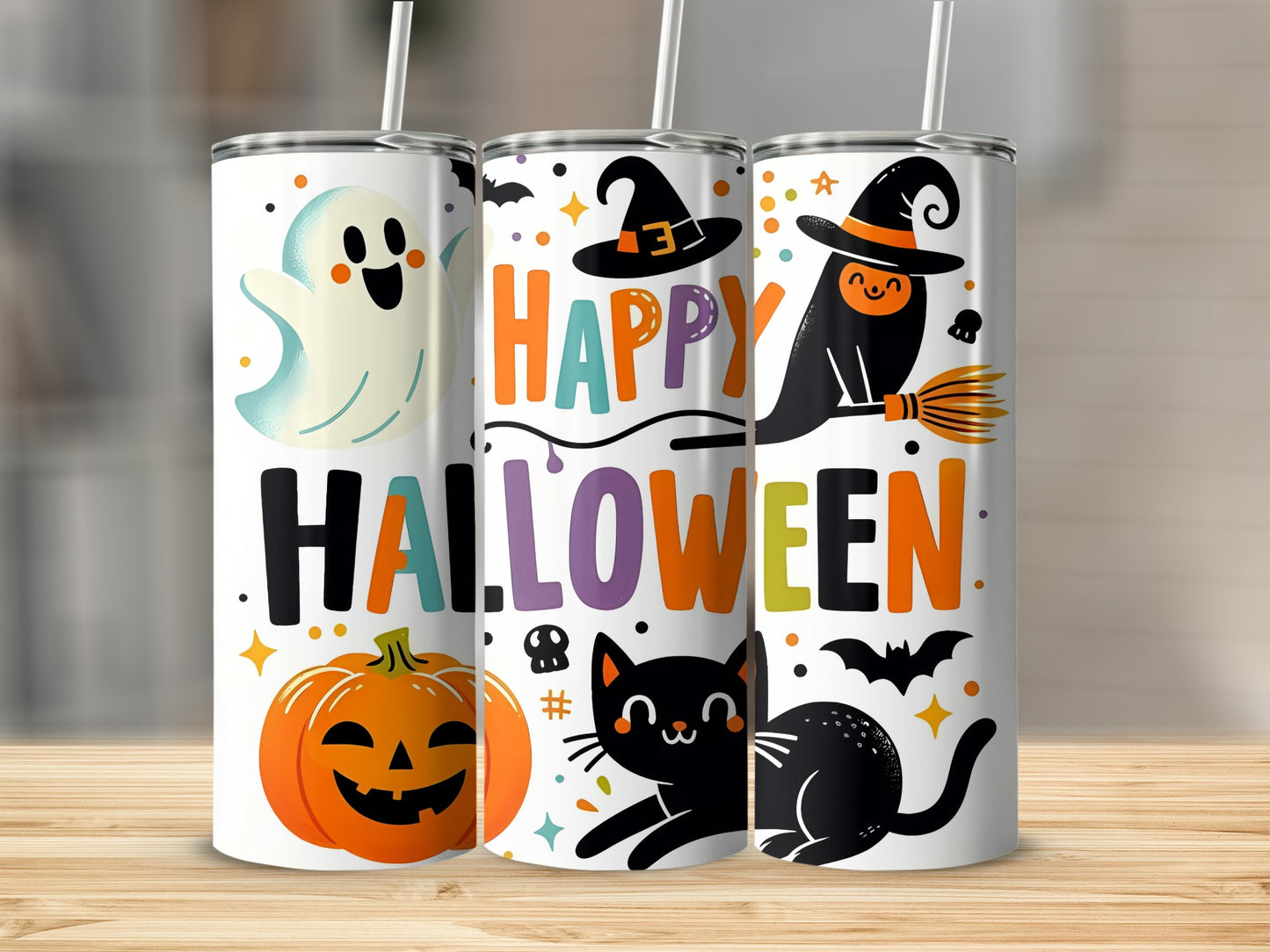 Three tumblers with Halloween graphics: ghost, witch cat, black cat, pumpkin, and text.