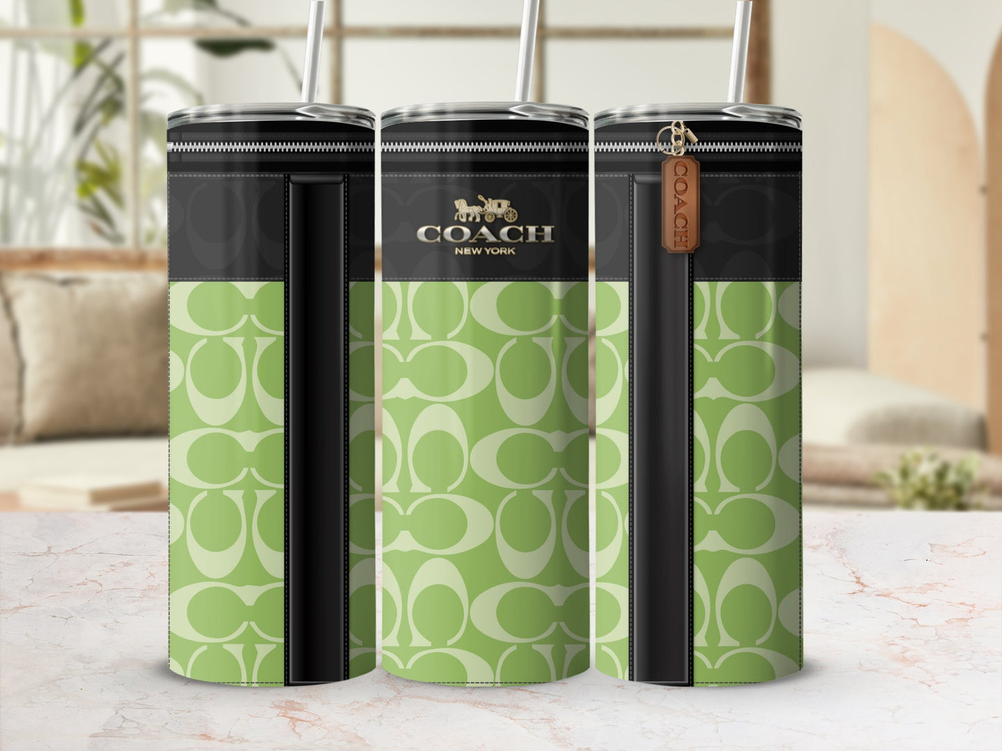 Coach New York Green and Black Tumbler with Straw