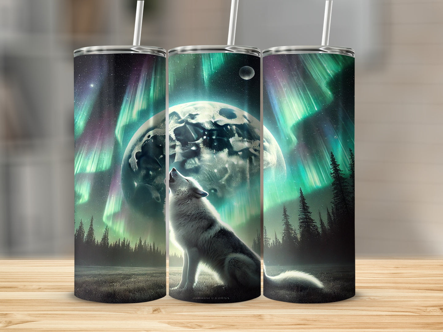 Wolf Howling at Moon with Northern Lights Tumbler