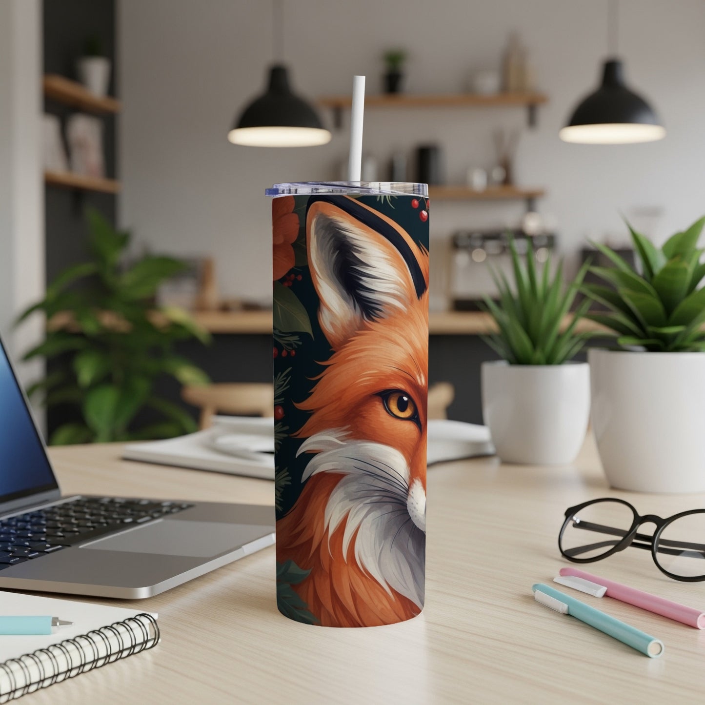Close-up of a fox face on a skinny tumbler with kitchen background.