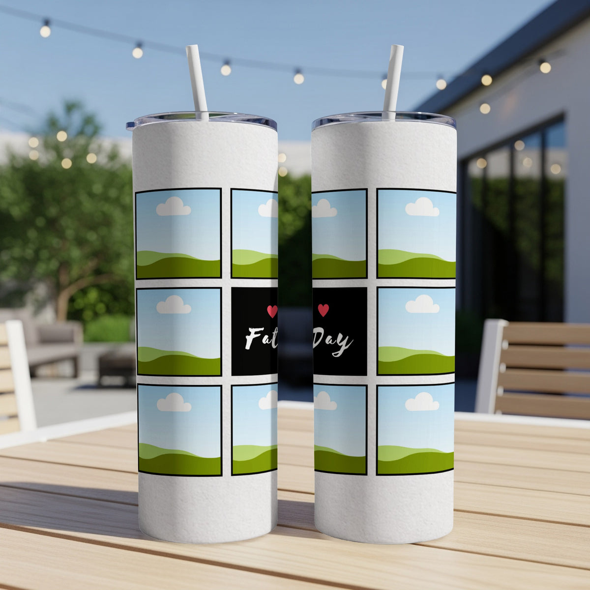 White tumblers with a photo collage design for "Fat Day" featuring green hills and blue skies.