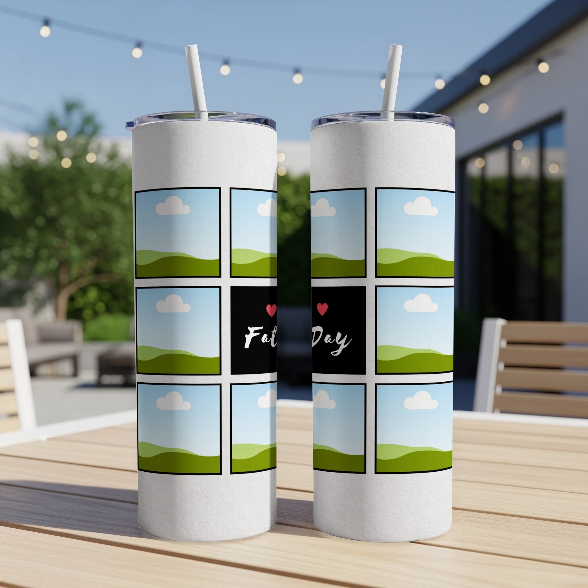 White tumblers with a photo collage design for "Fat Day" featuring green hills and blue skies.