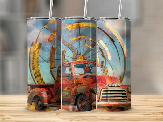 Vintage red truck with rustic industrial background on three tumblers.